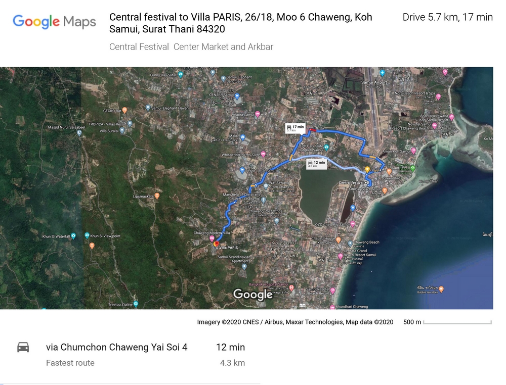 Route and distance of 4,3 Km between the large international shopping center